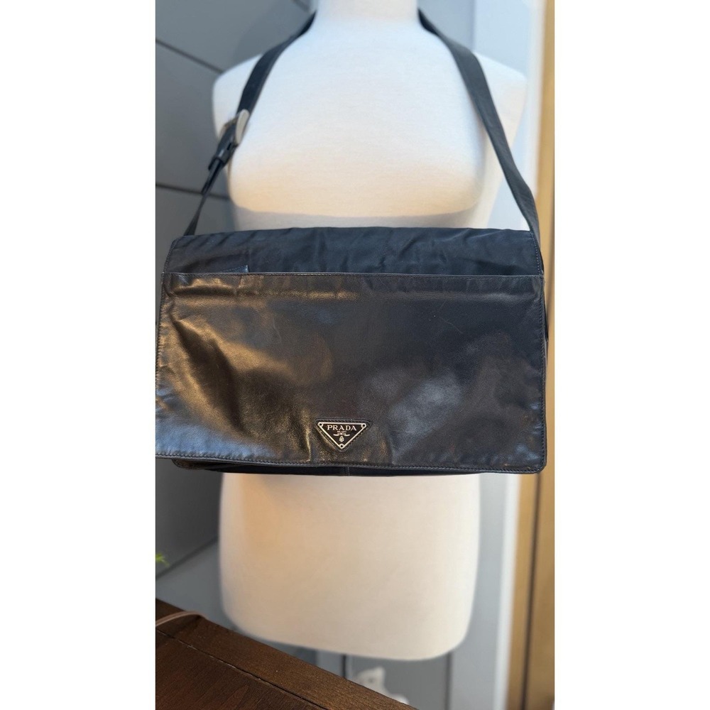 VTG PRADA Tessuto Leather Trimmed Nylon Shoulder Bag Black Messenger Crossbody